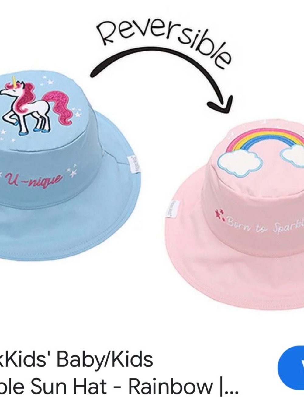 FlapJackKids SPF 50 Reversible Kids Sun Hat - Blue/Pink Unicorn & Rainbow